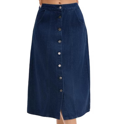 INSPIRE CHIC Women's Denim Button Down Front Slit High Waisted Pockets A Line Midi Skirts Dark Blue Medium | Target