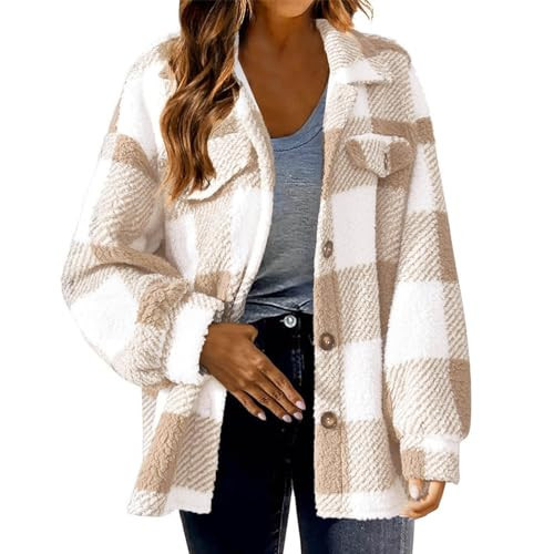EWASWON Womens Fleece Plaid Shackets Lapel Button Down Jackets Casual Long Sleeve Flannel Shirts Trendy Clothes Fall Winter fall flannel women Beige L | Amazon (US)