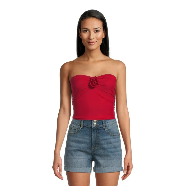 No Boundaries Juniors’ Ruched Tube Top with Rosette, Sizes XS-XXXL | Walmart (US)