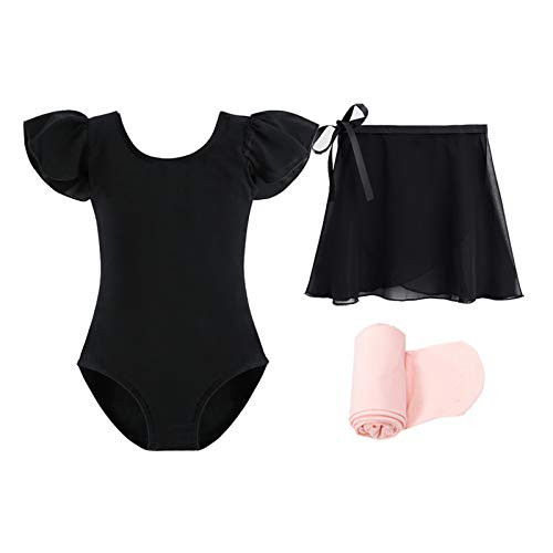 Stelle Ballet Leotards for Girls Dance Dress Outfit Combo with Skirt and Tights (Black-Ruffle Sleeve, 110) | Amazon (US)