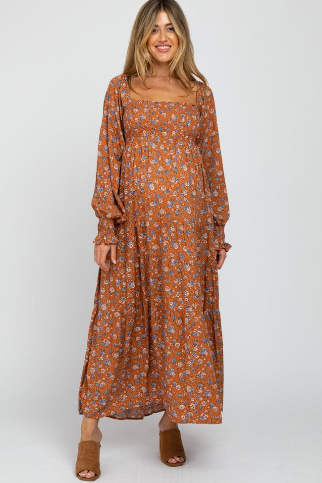 Rust Floral Long Sleeve Smocked Maternity Maxi Dress | PinkBlush Maternity