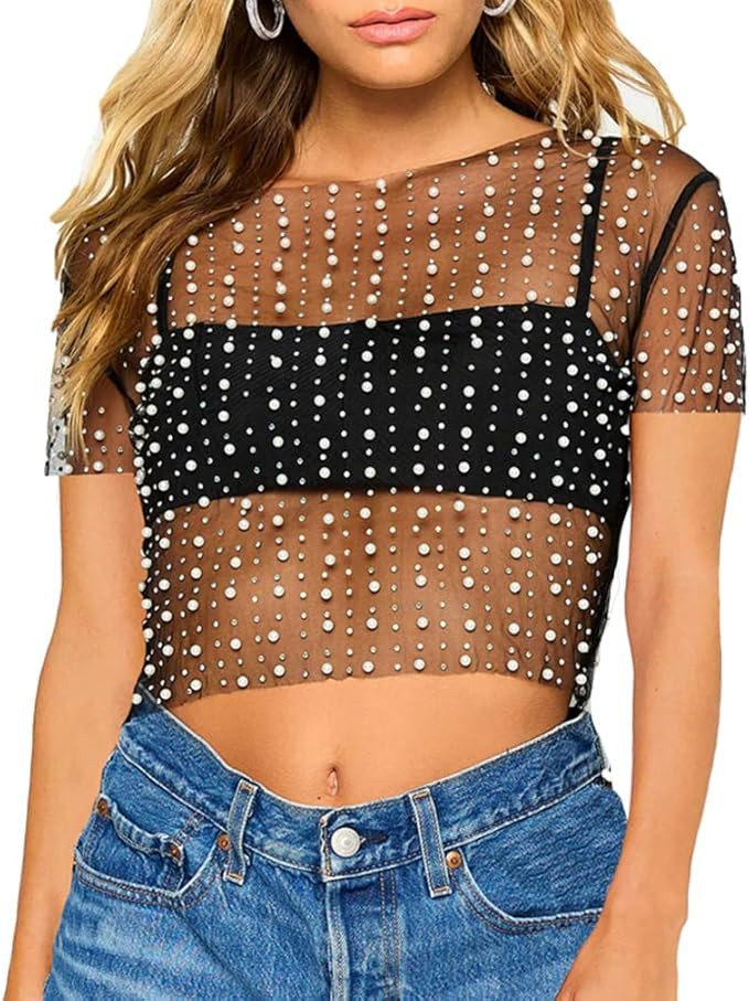 Naileksi Women Pearl Rhinestone Sheer Mesh Crop Tee Top Sexy See Through Short Sleeve Slim Fit Cr... | Amazon (US)