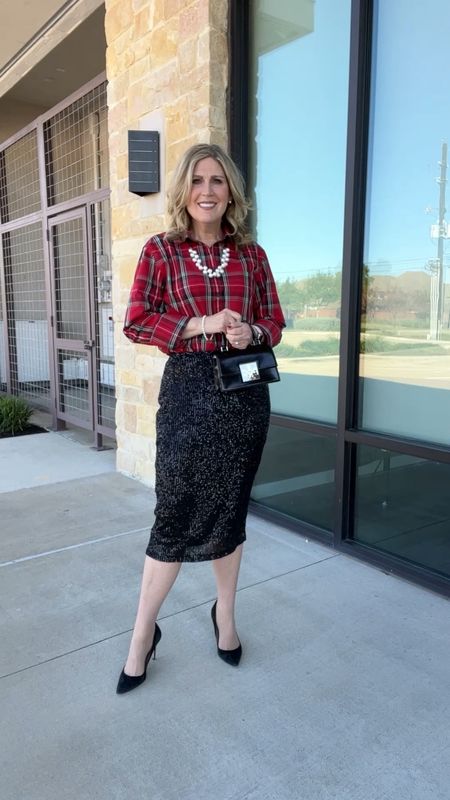 Sequin skirt very stretchy. Runs tts. Red plaid button up has a roomy fit. Runs tts. Winter coat runs large. Size down one. Fully lined. On sale under $60. Slop skirt runs tts. Great quality!   

#LTKSeasonal #LTKVideo #LTKHoliday