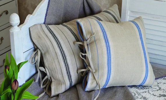 Linen pillow case with ties Blue stripe pillow case French | Etsy | Etsy (US)