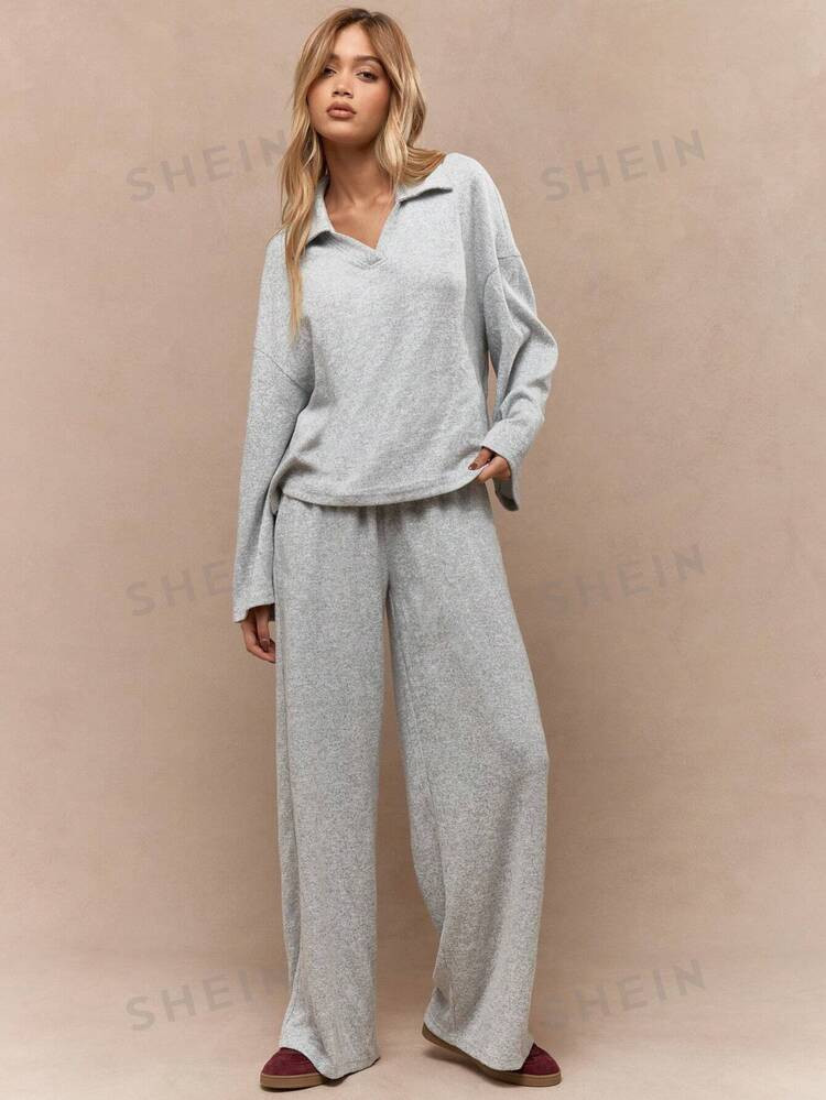 MISSGUIDED Drop Shoulder Full Sleeve Collar T-Shirts And Loungewear Pant Set | SHEIN