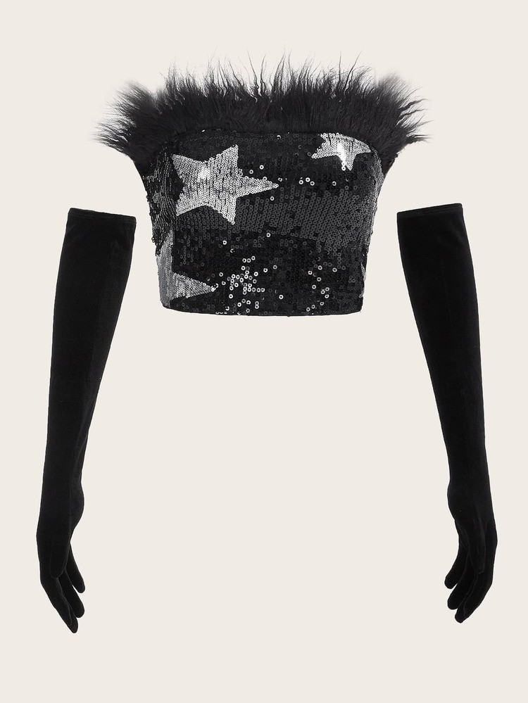 SHEIN ICON Star Print Fuzzy Trim Tube Top With Arm Sleeves | SHEIN