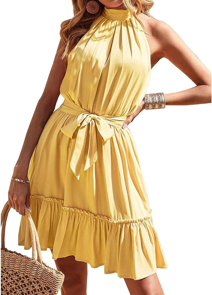 BTFBM Women 2024 Summer Halter Neck Dress Yellow Mini Dress Short Yellow Dress Yellow Outfit Ideas | Amazon (US)