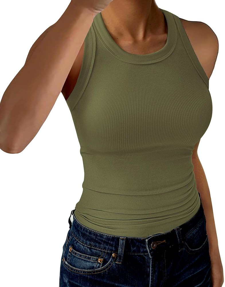 Womens Tank Tops High Neck Sleeveless Ribbed Tank Casual Basic Thick Strap Slim Fitted Racerback ... | Amazon (US)