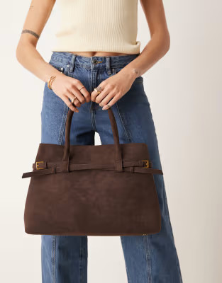 Gina Tricot faux suede classic tote bag in dark brown | ASOS (Global)