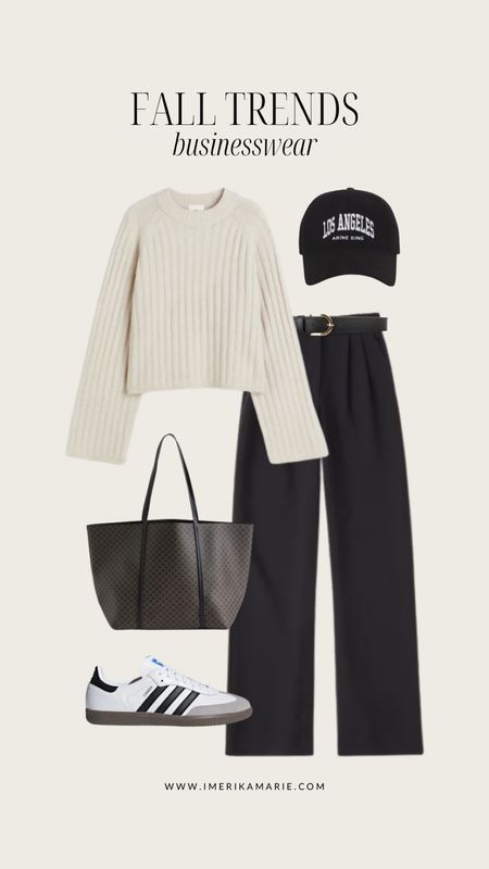 fall fashion trends. abercrombie and fitch tailored pants. h&m sweater. anine bing hat. leather belt. shopper tote bag. adidas sambas. work outfit. fall outfit

#LTKunder100 #LTKSeasonal #LTKstyletip