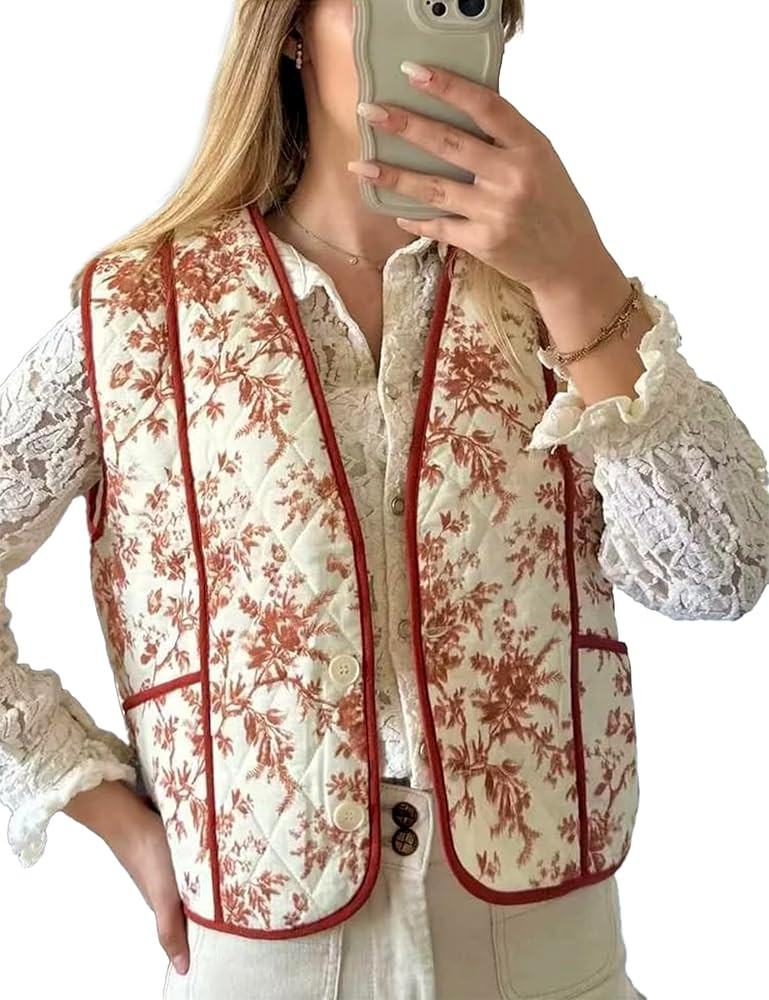 Womens Floral Quilted Puffer Vest Lightweight Cropped Sleeveless Jacket Open Front V Neck Padded ... | Amazon (US)