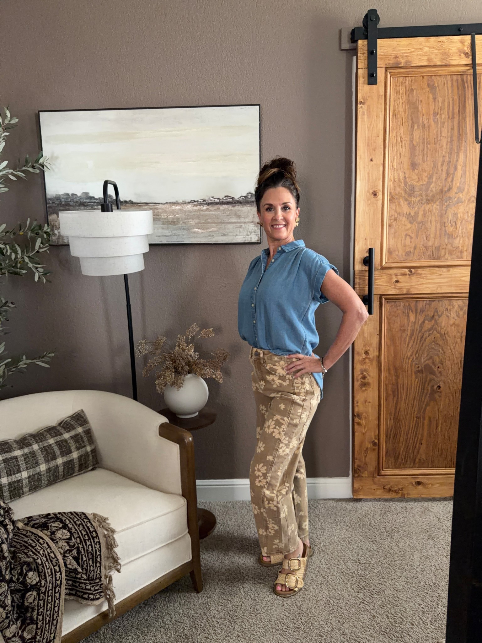 Easy spring outfit with the seasons trending jeans printed pants, denim shirt, sandals 

#LTKootd #LTKgrwm #LTKOver40