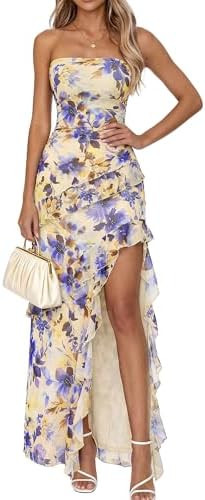 BTFBM Off The Shoulder Dresses for Women Summer 2026 Strapless Ruffle Slit Formal Wedding Guest D... | Amazon (US)