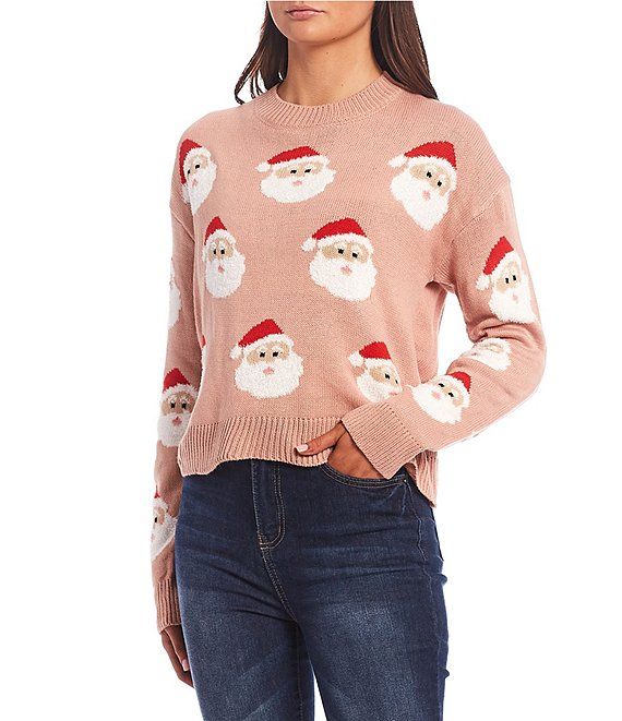 Crew Neck Long Sleeve Cropped Santa Print Sweater | Dillard's