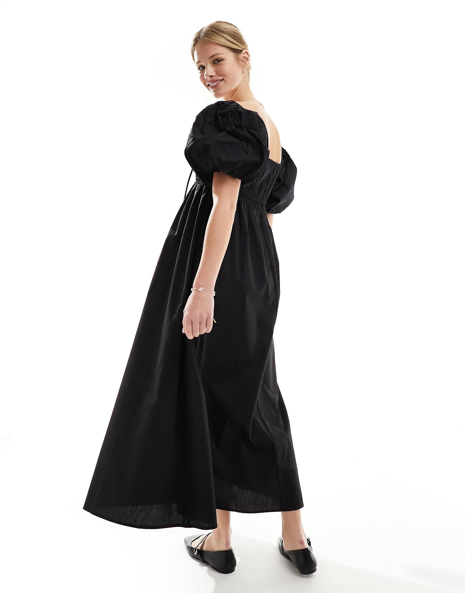 ASOS DESIGN puffed sleeve smock midi dress in black | ASOS | ASOS (Global)