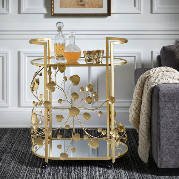 Larkynn Gold Finish Foliage Bar Cart With Mirror Top And Bottom | Wayfair North America