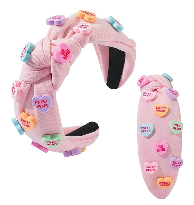 Valentine's Day Heart Candy Embellished Pink Headband Conversation Love Heart Charm Knotted Headb... | Amazon (US)