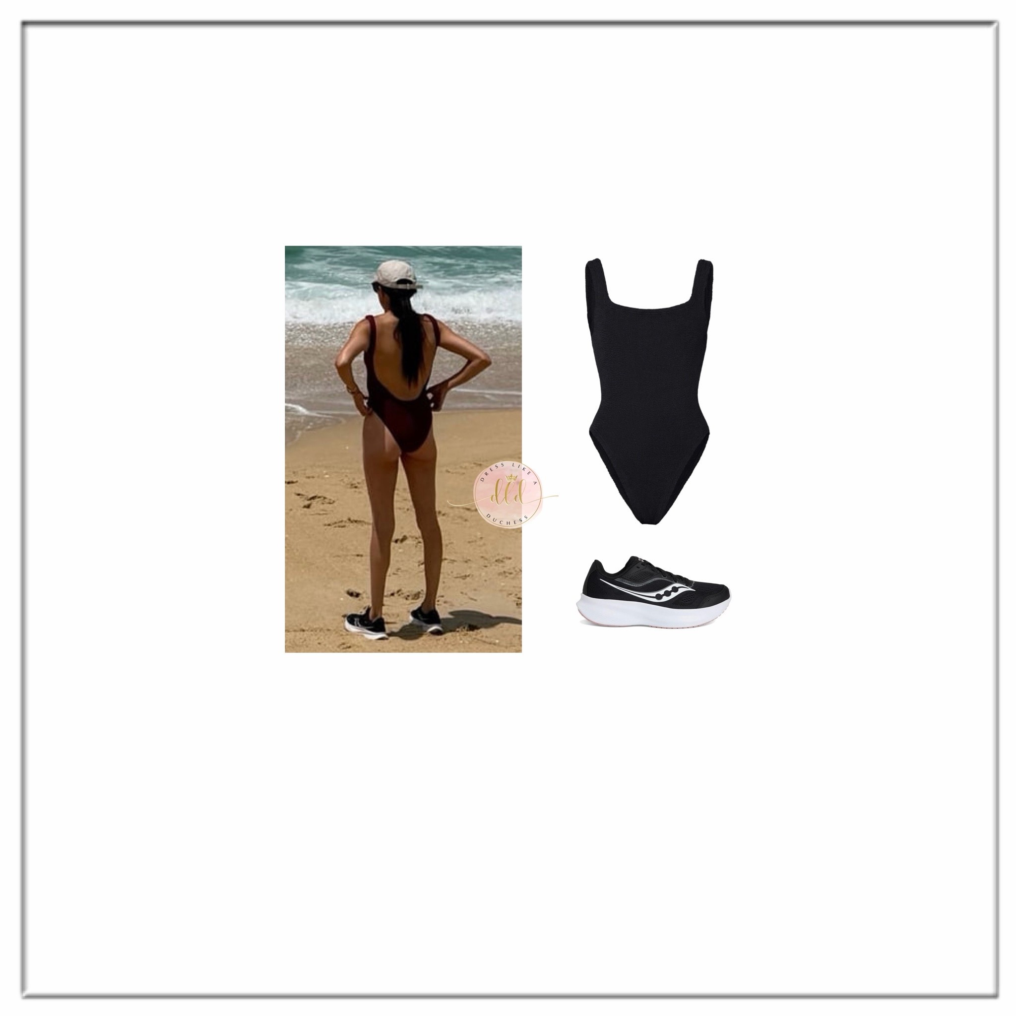 6/23/26 Meghan Markle in summer vacation photos wearing Hunza G Square Neck swimsuit in black with Saucony 18 cohesion sneakers