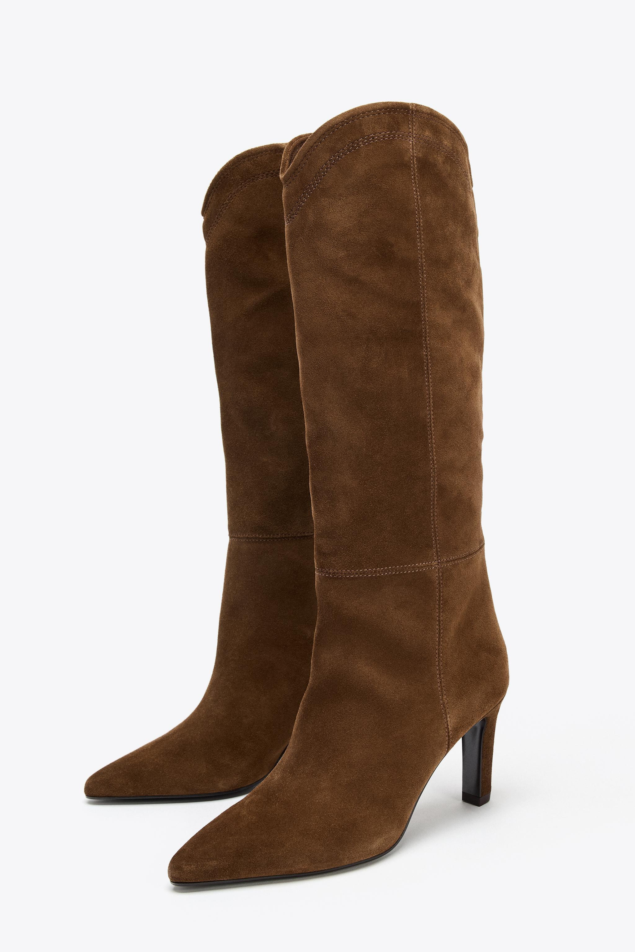 STITCHED SPLIT LEATHER HEELED BOOTS | Zara US