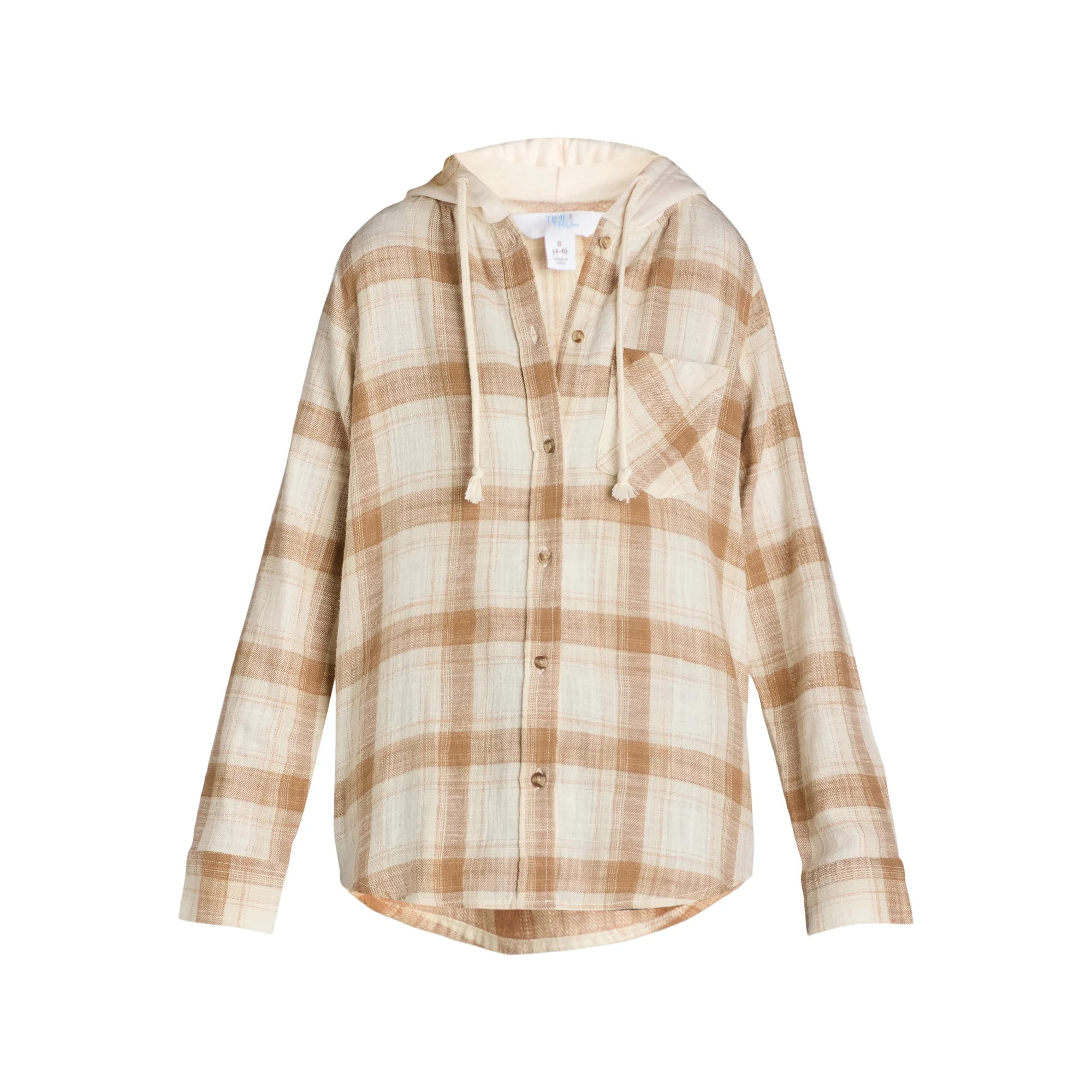 Time and Tru Women's Hooded Flannel Button Down Shirt with Long Sleeves, Sizes XS-XXXL | Walmart (US)