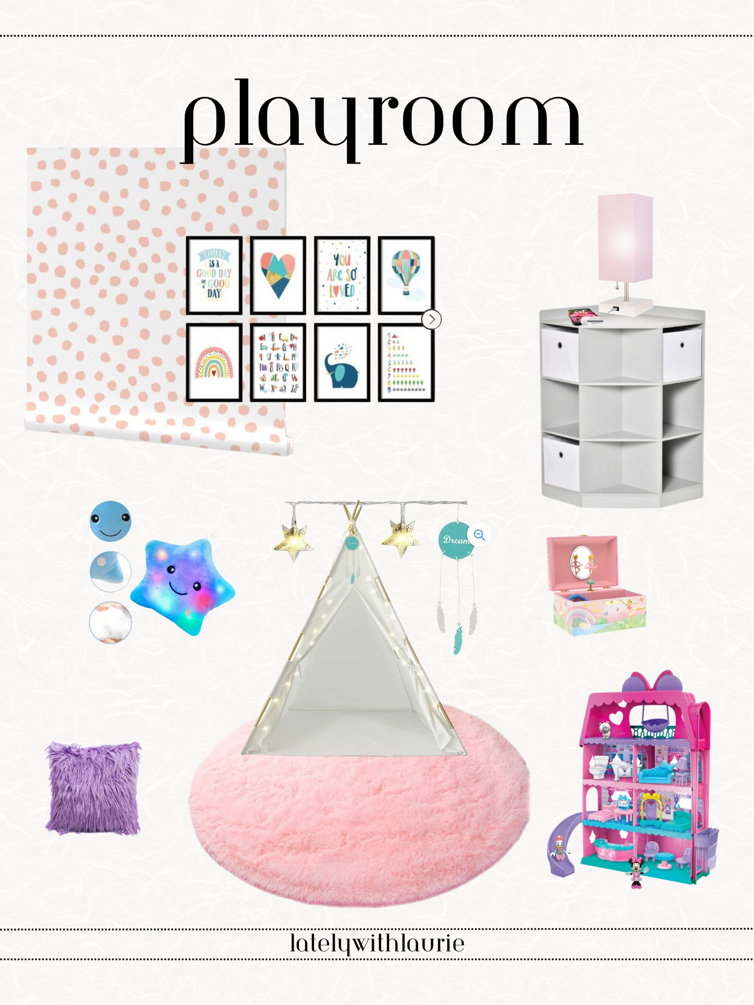 The sweetest playroom and home decor for your girls! Play tent, wall art, decorative lamp, Minnie Mouse play set, pink area rug, wall paper, throw pillows, storage 

#LTKfamily #LTKkids #LTKhome