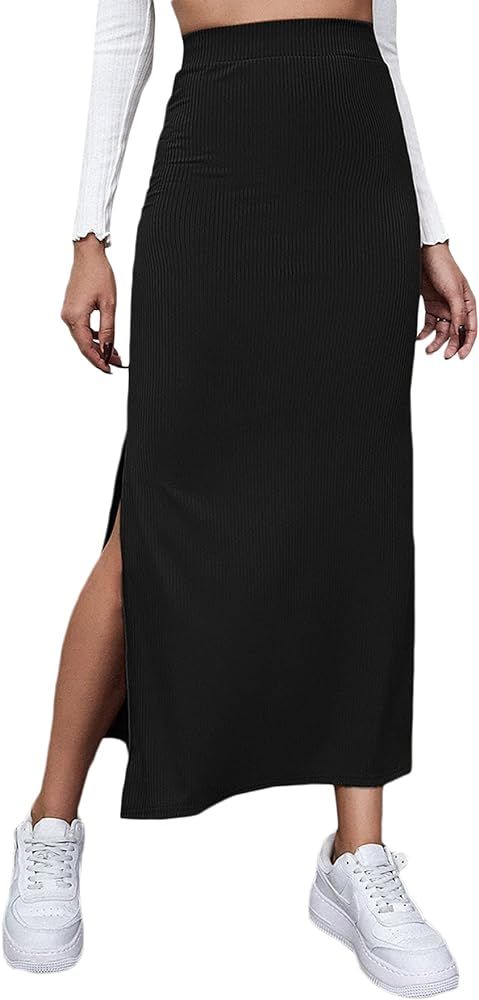 GORGLITTER Women's Split Ribbed Knit Bodycon Maxi Skirt High Waisted Side Slit Pencil Long Skirts | Amazon (US)