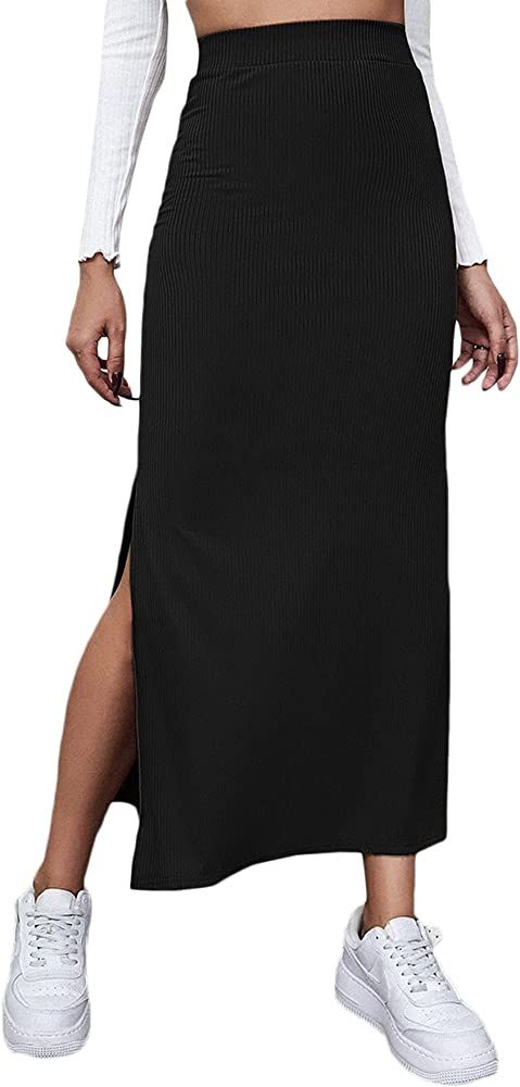 SheIn Women's Elastic Waisted Split Thigh Rib Knit Long Maxi Bodycon Pencil Skirt | Amazon (US)