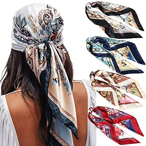 AWAYTR Satin Large Square Head Scarves - 4PCS Silk Like Neck Scarf Hair Sleeping Wraps Lightweight for Women (Cashew(White/Red/Red/Coffee)) | Amazon (US)