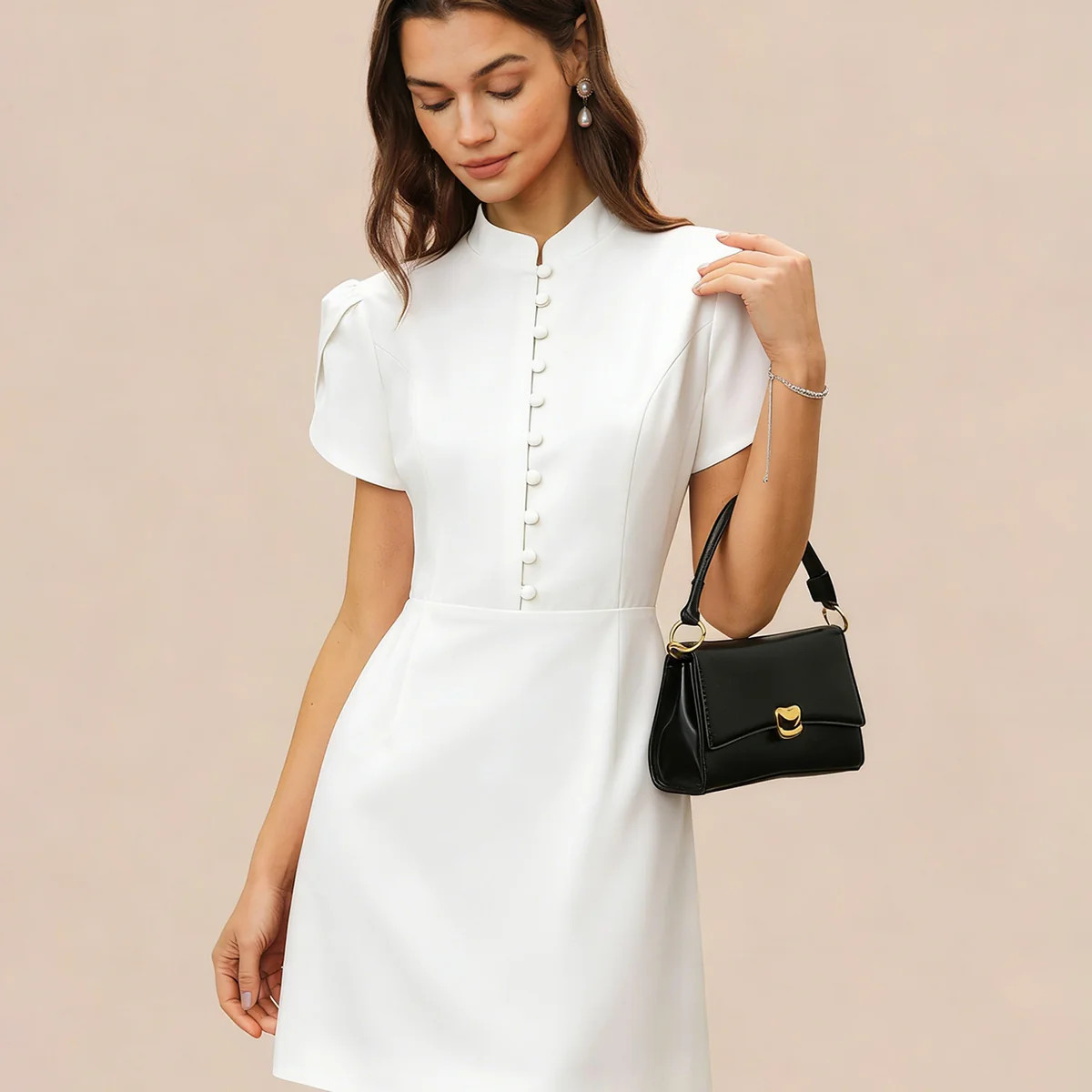 White Mandarin Collar Button Mini Dress Mandarin Collar Button Mini Dress & Reviews - Black,White... | rihoas.com