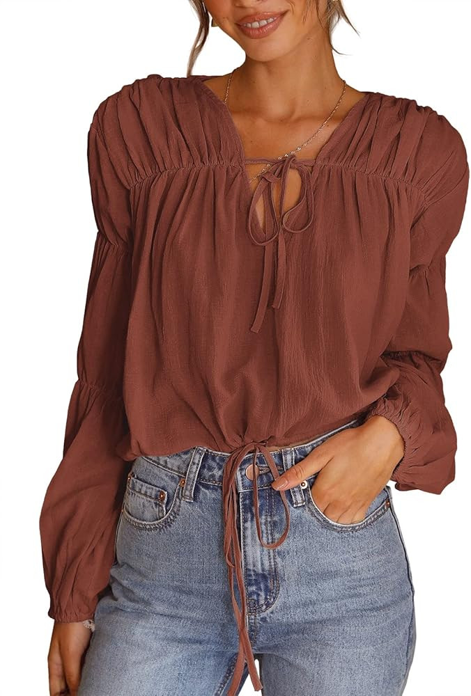 ANRABESS Women's V Neck Blouse Drawstring Ruched Tie Front Puff Long Sleeve Casual Loose Solid Dr... | Amazon (US)