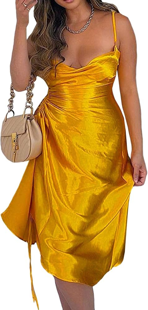 xxxiticat Women's Sleeveless Spaghetti Strap Satin Dress Cocktail Beach Evening Party Cowl Neck D... | Amazon (US)