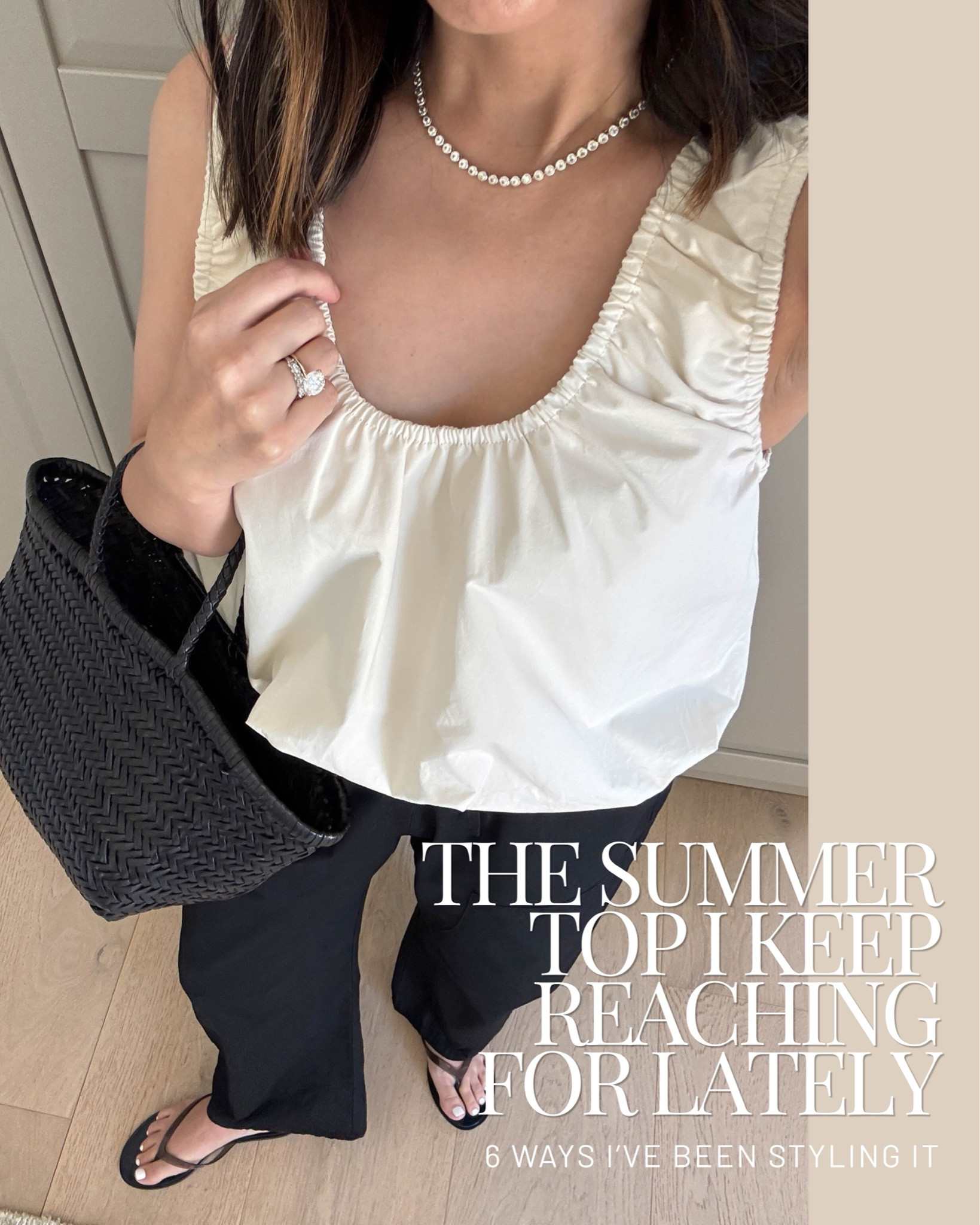 One great summer top really can make getting dressed easier. I've been wearing this one on repeat with everything lately.

Look 1:
Zara top small 
Pistola cargo pants 25 petite. But could wear the petite 24 
Black Suede studio sandals 35
Dragon Diffusion Santa Croce bag small 
Celine sunglasses 
Dorsey James necklace 15”
Dorsey Maxwell earrings medium

Look 2:
Zara tank small 
Posse shorts large - run very small 
Tkee sandals 5 
The Row bag medium
Polo Ralph Lauren hat 
Electric Picks earrings 
Dorsey James necklace 15"

Look 3:
Zara tank small 
Mikoh shorts 2 - sold out, linked similar
Ancient green sandals 35 
The Row bag medium 
Minnow sweater small 
Dorsey James necklace 15” 
Electric Picks earrings

Look 4:
Zara top small 
Pistola pants xs - old
Black Suede Studio sandals 35 
Dragon Diffusion triple jump small 
YSL Sunglasses 
Dorsey James necklace 15” 
Dorsey Maxwell earrings medium

Look 5:
Zara tank small 
Zara linen shorts small - old, linked similar
Beek sandals 5 
Hunting Season tote 
Celine sunglasses 
Dorsey James necklace 15” 
Electric Picks earrings
 
Look 6:
Zara tank small 
Dl1961 Billie jeans 25 
A.Emery sandals 5 - linked similar
Dragon Diffusion Santa Croce small 
Celine sunglasses 
Dorsey James necklace 15” 
Electric Picks earrings

#LTKmomlife #LTKPetite