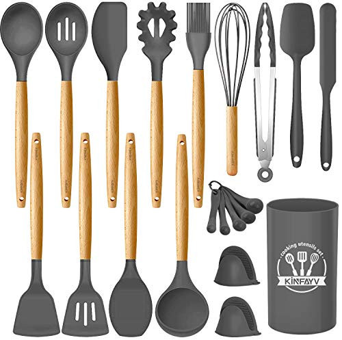 Kinfayv Silicone Cooking Utensils Kitchen Utensil Set, 21 PCS Wooden Handle Nontoxic BPA Free Silicone Spoon Spatula Turner Tongs Kitchen Gadgets Utensil Set for Nonstick Cookware with Holder (Gray) | Amazon (US)