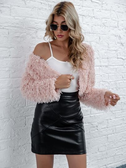 Open Front Fuzzy Crop Coat | SHEIN