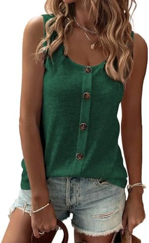 SHEWIN Womens Tank Tops Solid Button Crewneck Sleeveless Summer Tops Loose Fit | Amazon (US)