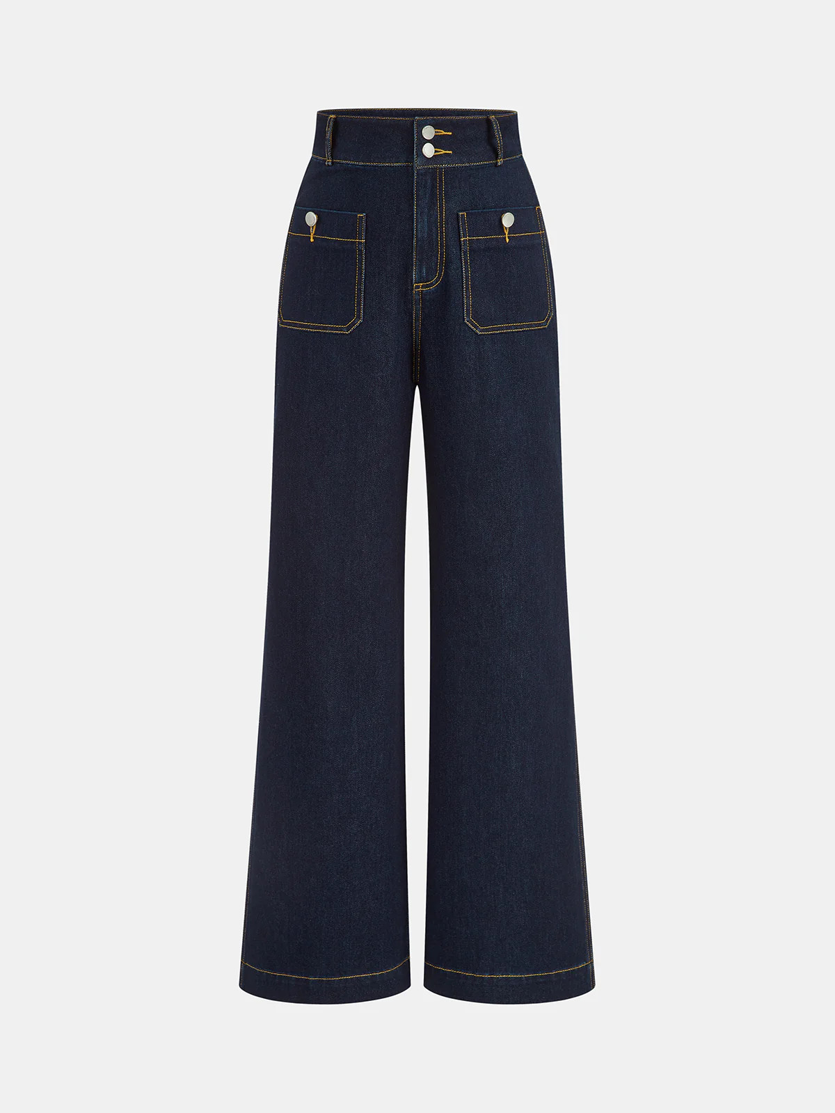 High-Waisted Double-Button Straight-Leg Denim Pants | Commense