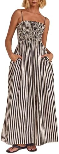 KMBANGI Women Striped Sleeveless Maxi Dress Swing Patchwork Midi Dress Smocked Spaghetti Strap Co... | Amazon (US)