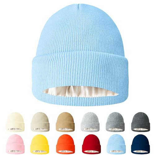 AGLIFEFY Winter Beanie Knit Cuffed Silk Lining Hats Warm Warm Beanies for Women Men (SkyBlue with Satin Lined) | Amazon (US)