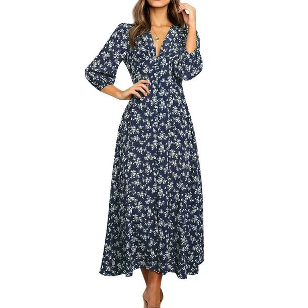 Women V Neck Floral Printed Button Maxi Dress | Walmart (US)