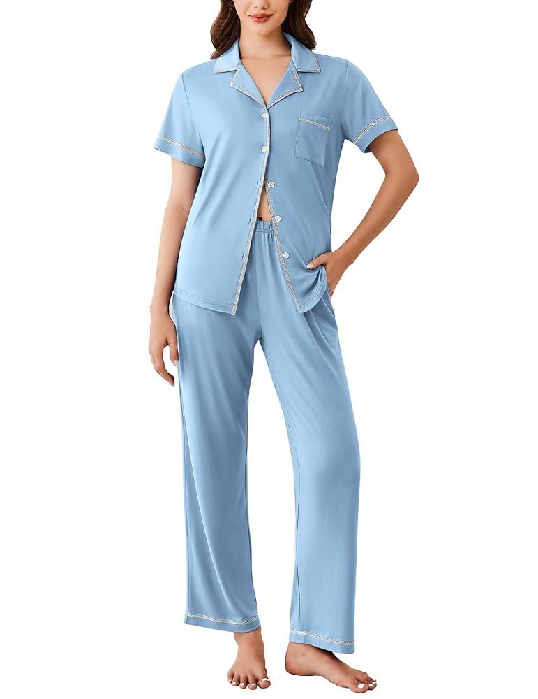 Ekouaer Button Up Pajamas for Women Short Sleeve with Long Pants Two-Piece Sleepwear Soft Pjs Set | Amazon (US)
