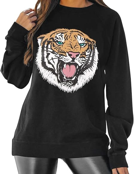 Women Tiger Graphic Sweatshirt Teen Girls Roaring Tiger Long Sleeve Shirt Pullover Casual Tops | Amazon (US)