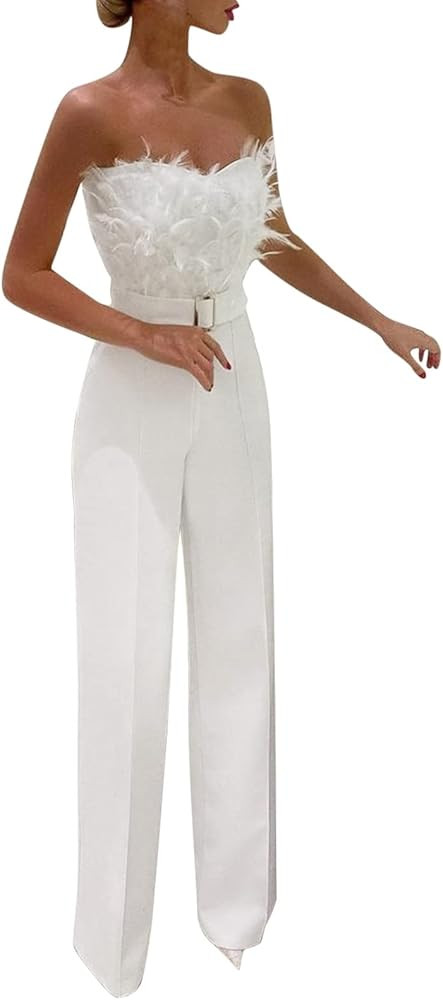 Jumpsuit for Wedding Womens Sexy Feather Tube Top Sleeveless Jumpsuits with Belt Elegant Long Pan... | Amazon (US)