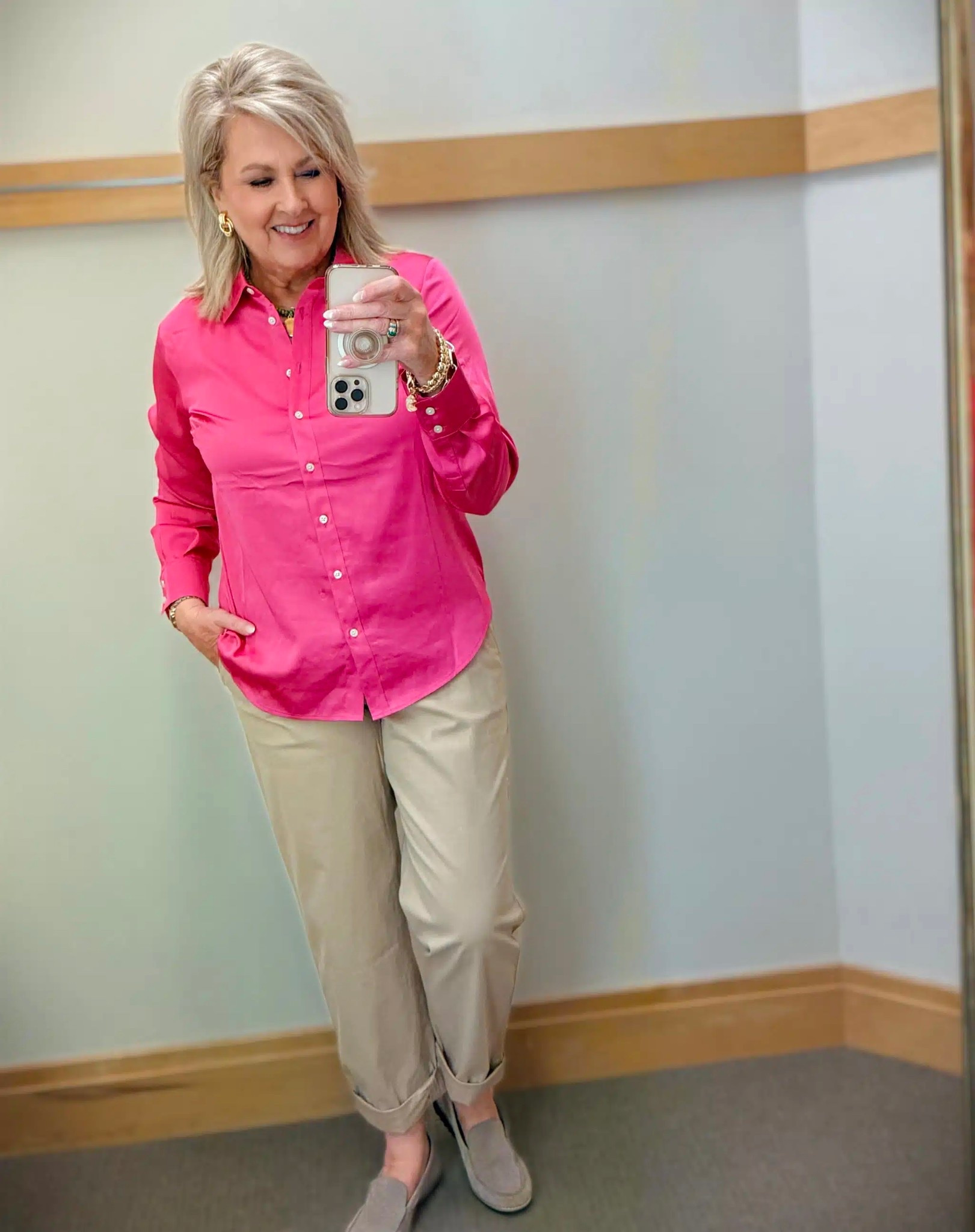 This pink satin shirt is gorgeous for Spring and Summer! It also comes in a champagne color. This is a piece I can wear with jeans, skirts or dress pants. My top is a medium and chinos are a size 8. 

#LTKootd #LTKWorkwear #LTKSeasonal
