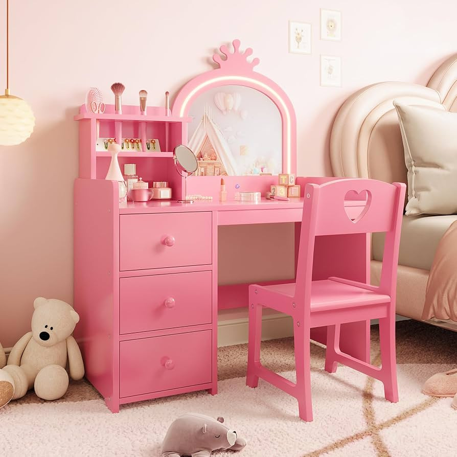 GarveeHome Kids Vanity Desk with Mirror and Lights, Pink Princess Wooden Makeup Vanity with Chair... | Amazon (US)