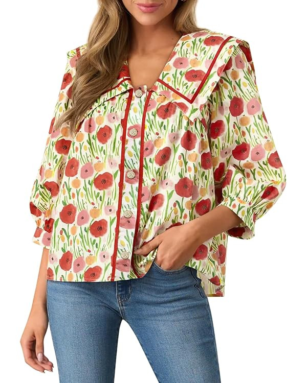 Women's 2025 Fashion Tops 3/4 Length Sleeve Button Down Shirts V Neck 100% Cotton Floral Peter Pa... | Amazon (US)