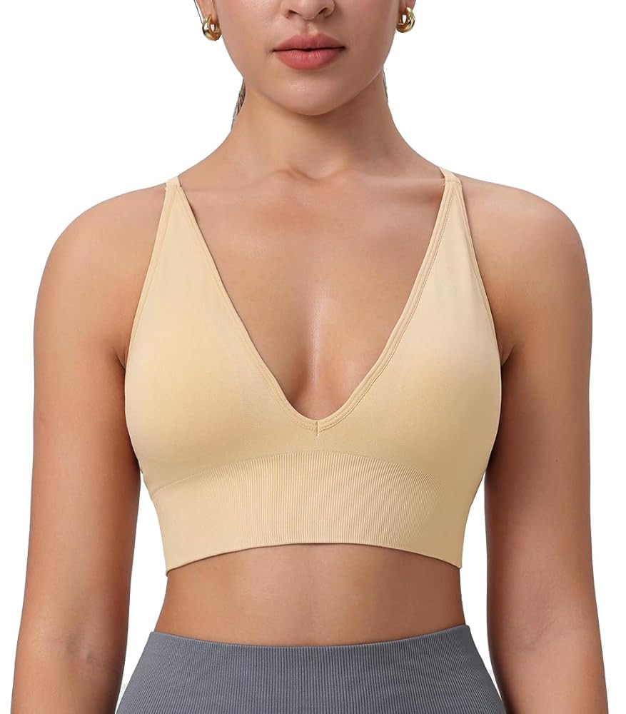 Womens Deep V-Neck Longline Sports Bra, Strappy Criss Cross Padded Cups Adjustable Spaghetti Stra... | Amazon (US)