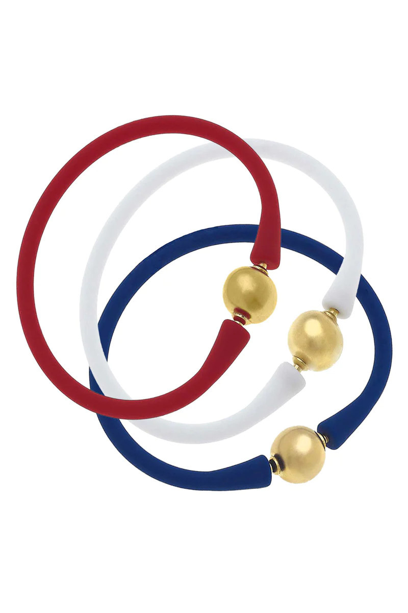 Bali 24K Gold Silicone Bracelet Stack of 3 in Red, White & Royal Blue | CANVAS