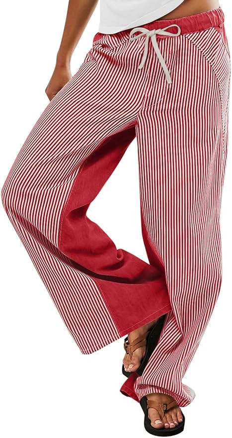 Low Rise Striped Pants for Women Pull On Drawstring Boho Wide Leg Jeans Trendy 2026 | Amazon (US)