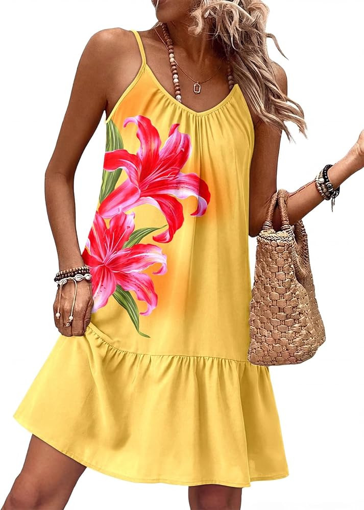 Dokotoo Summer Dresses for Women 2026 Spaghetti Strap Sexy Deep V Neck Smocked Ruffle Flowy Boho ... | Amazon (US)