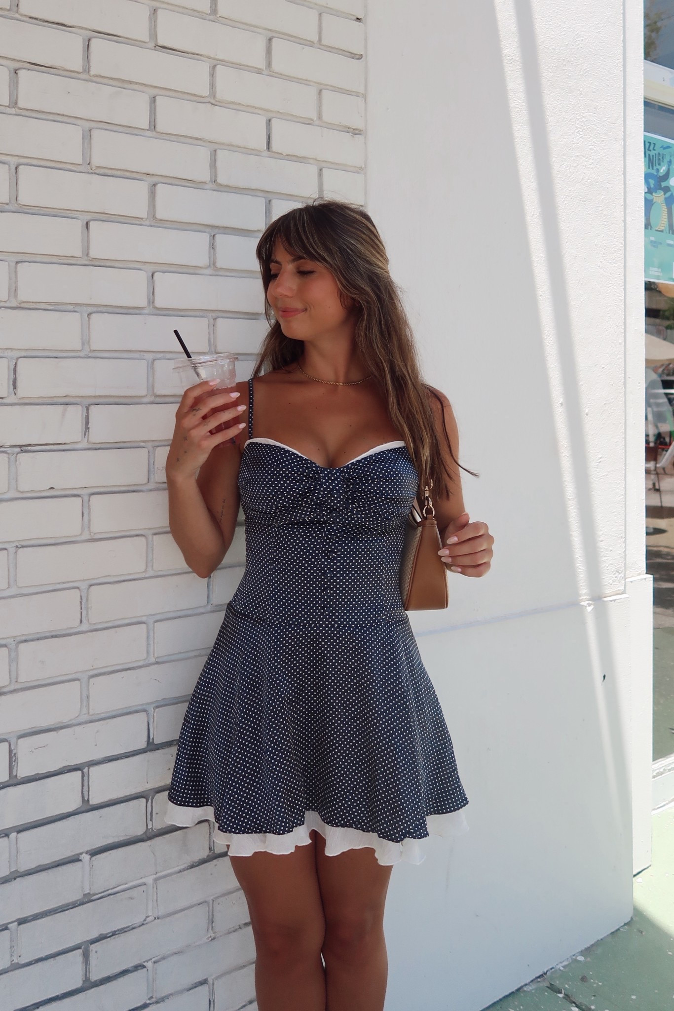 Reformation Ursula polka dot navy blue mini dress 